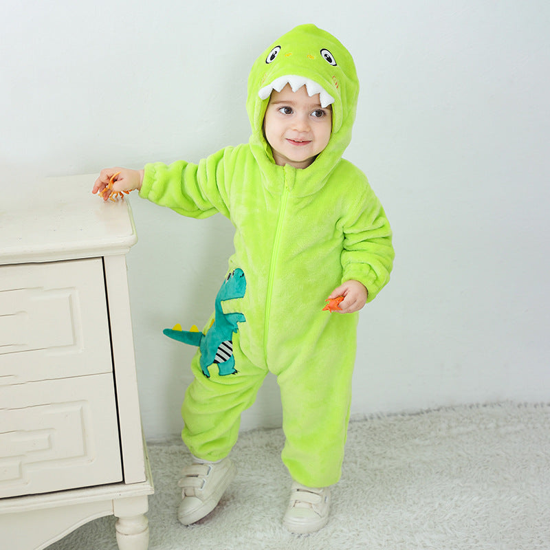 Qile Rabbit autumn new baby comfortable flannel single-layer cute little dinosaur shape one-piece Romper