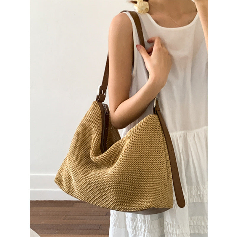 This year, the popular straw bag women's 2025 new large-capacity shoulder messenger tote seaside vacation beach bag