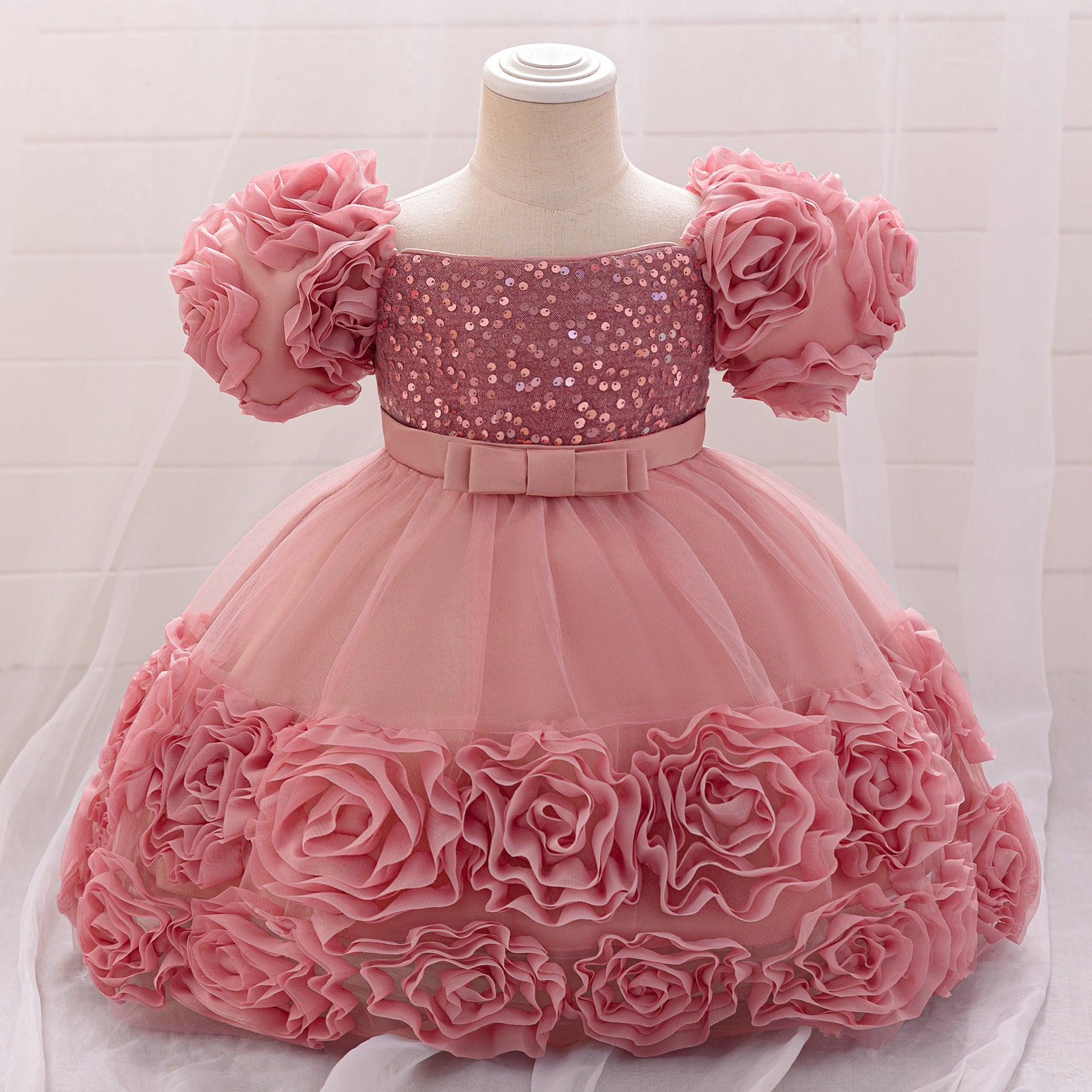 Amazon's new baby dress bead bubble sleeve princess dress three-dimensional applique mesh puffy dress