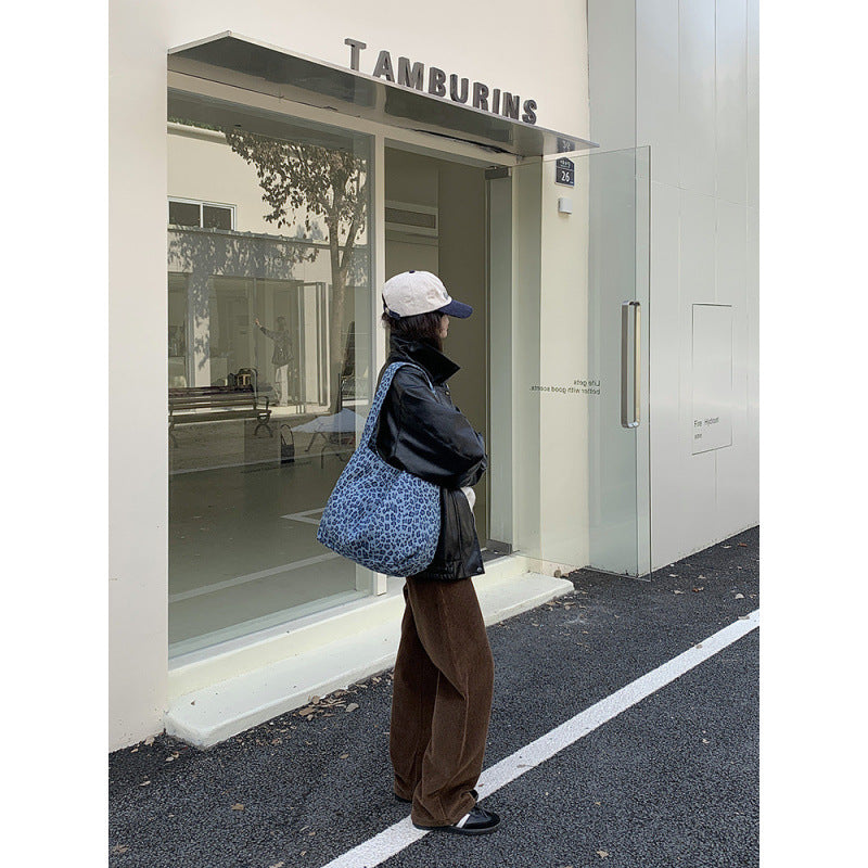Korean ins retro leopard print canvas bag fashion niche versatile shoulder underarm bag large capacity commuter tote bag
