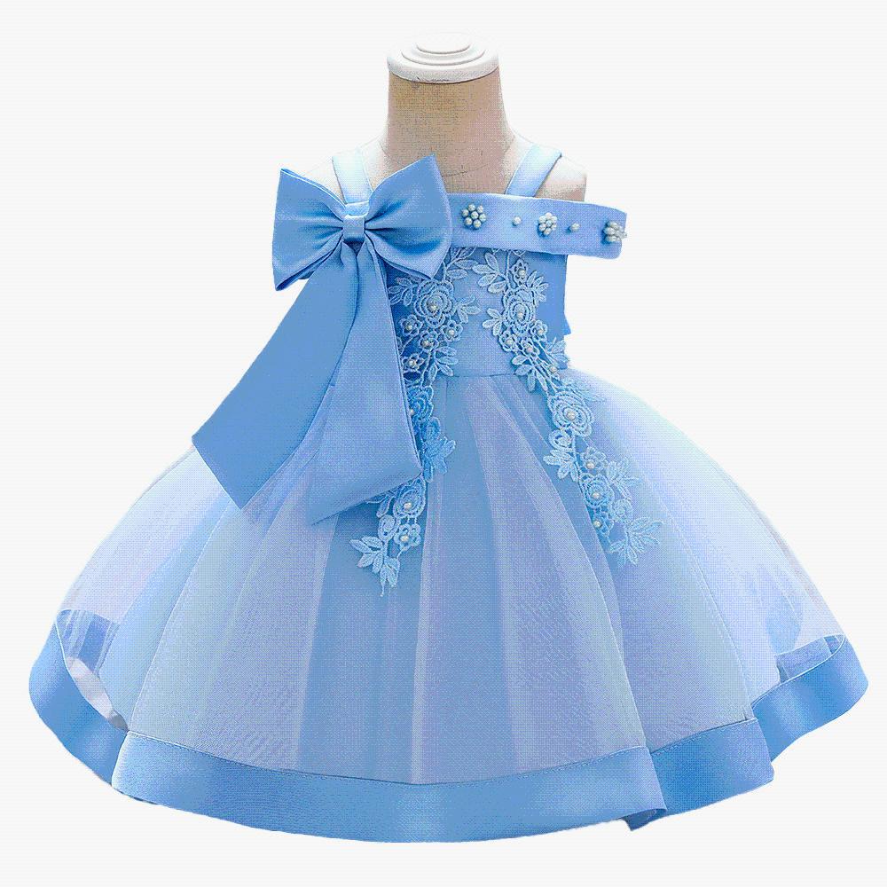 Foreign trade cross-border new children's wedding dress one-word shoulder pearl embroidery girls performance princess puffy skirt summer