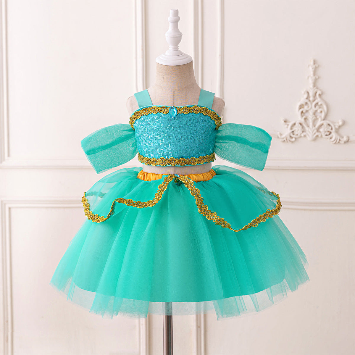 Cross-border AliExpress new Jasmine princess cosplay girls' dress, baby and children's sequined two-piece dress