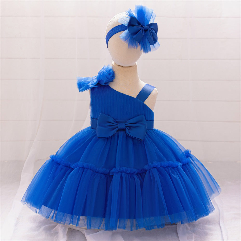 European and American new infant dress fluffy skirt one-year-old baby slanted shoulder bow mesh dress girls dress