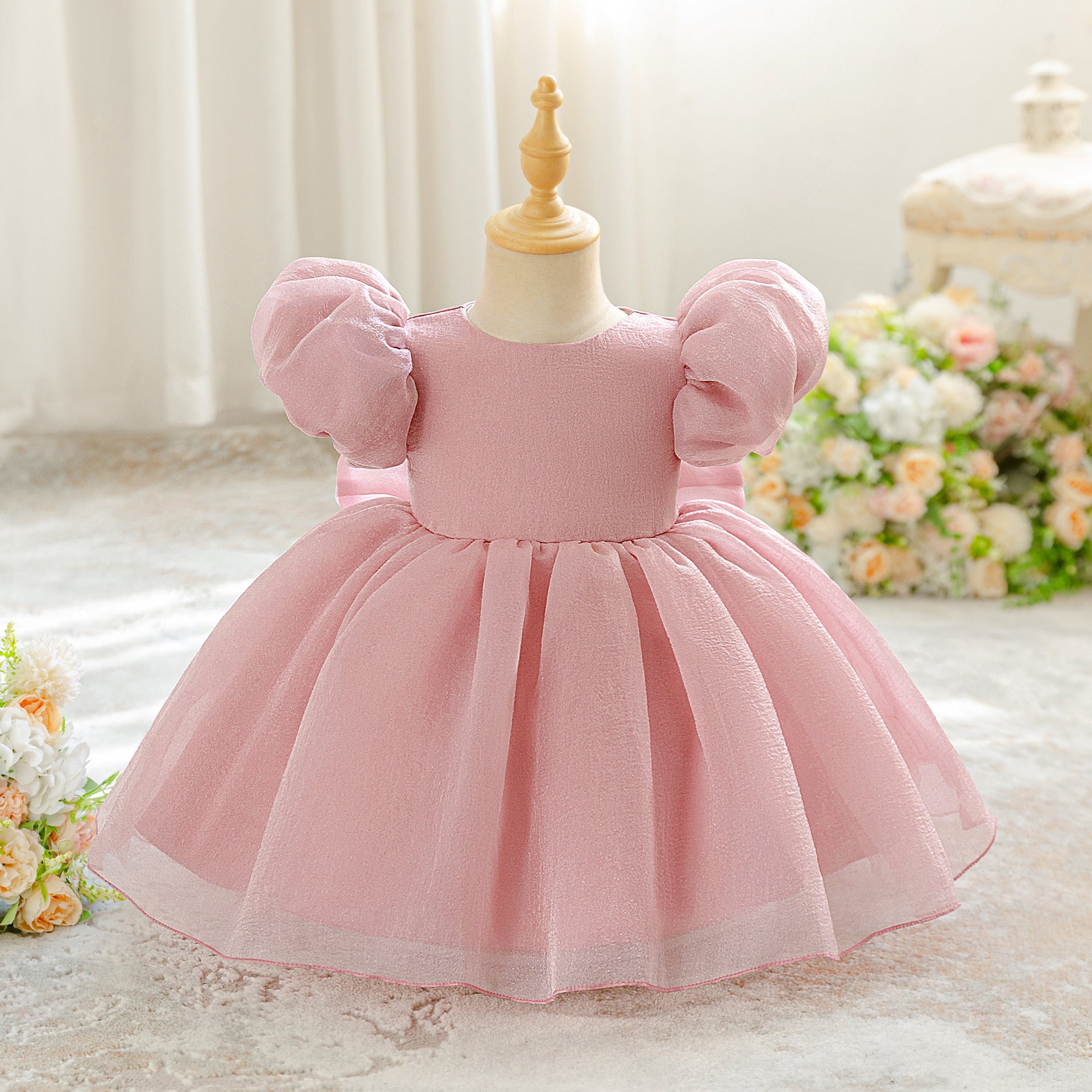 European and American children's clothing birthday princess skirt bubble sleeves medium children's green fluffy yarn children's wedding dress girls dress