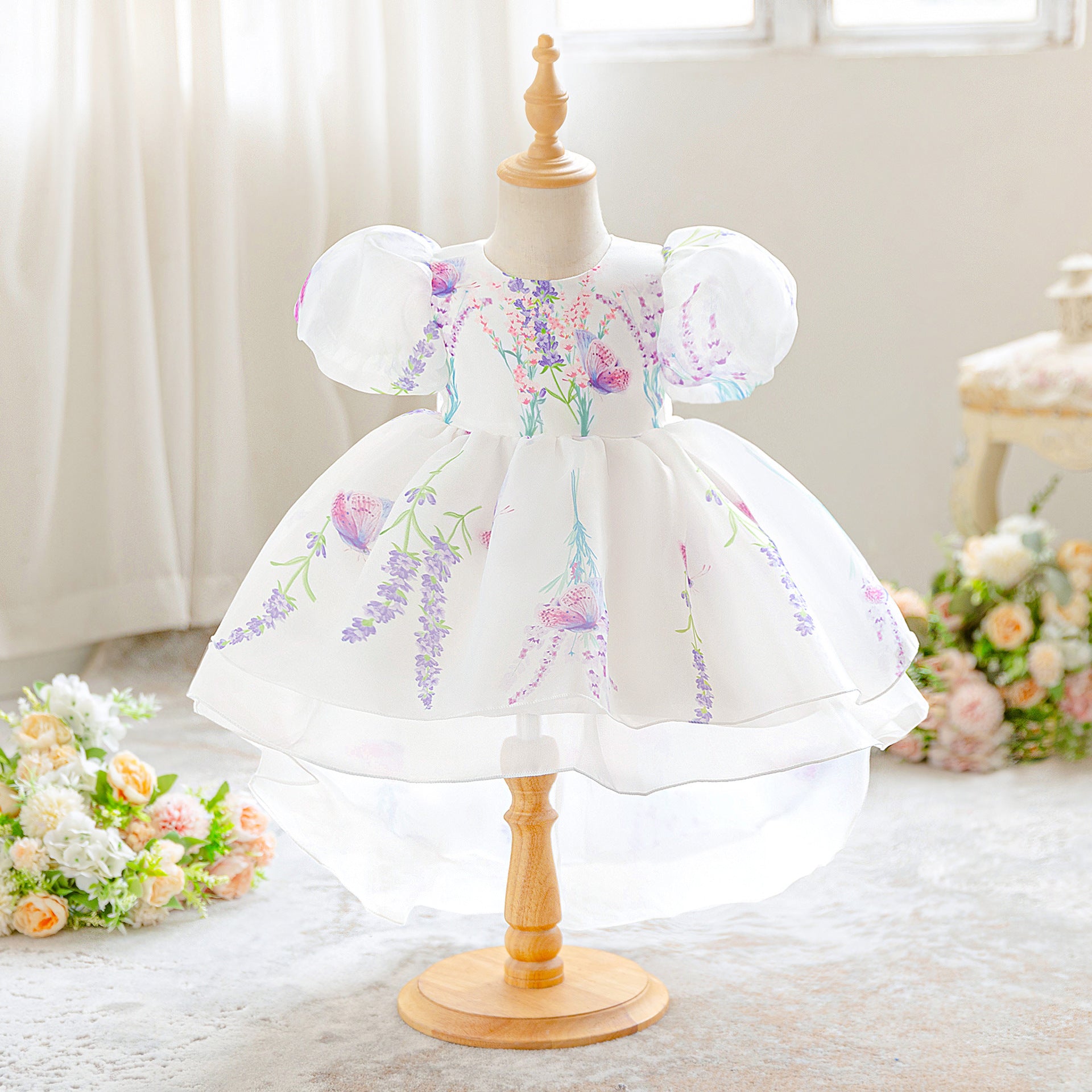 Girls Dress Summer Foreign Style Princess Dress Embroidered Bubble Sleeve Dress Gauze Dress Little Girl Vacation Dress