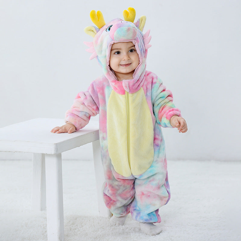 Qile Rabbit autumn new baby single-layer flannel-shaped Romper cartoon dragon-shaped one-piece Romper