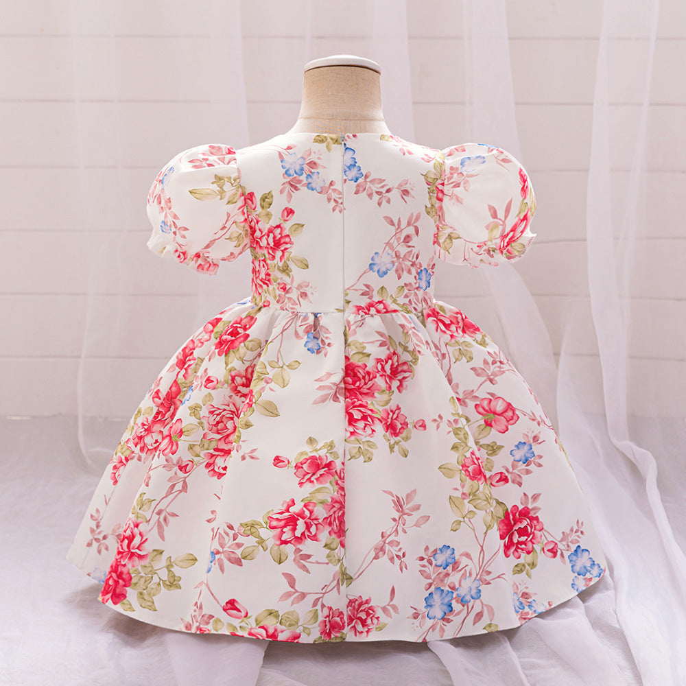 2024 European and American new girls' dress princess dress bubble sleeve floral printing dress baby year-old dress dress