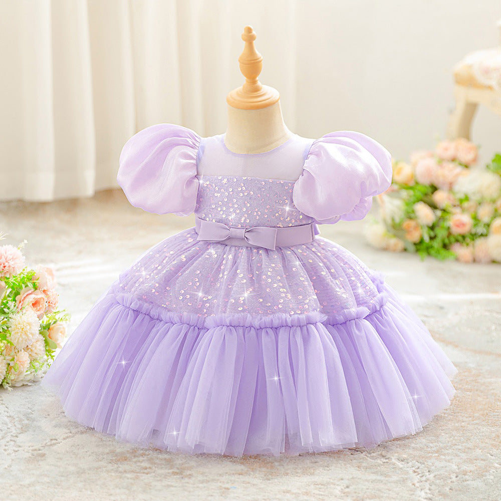 Amazon little girl wedding dress flower girl dress children's bubble sleeve sequins high-end princess dress host performance dress