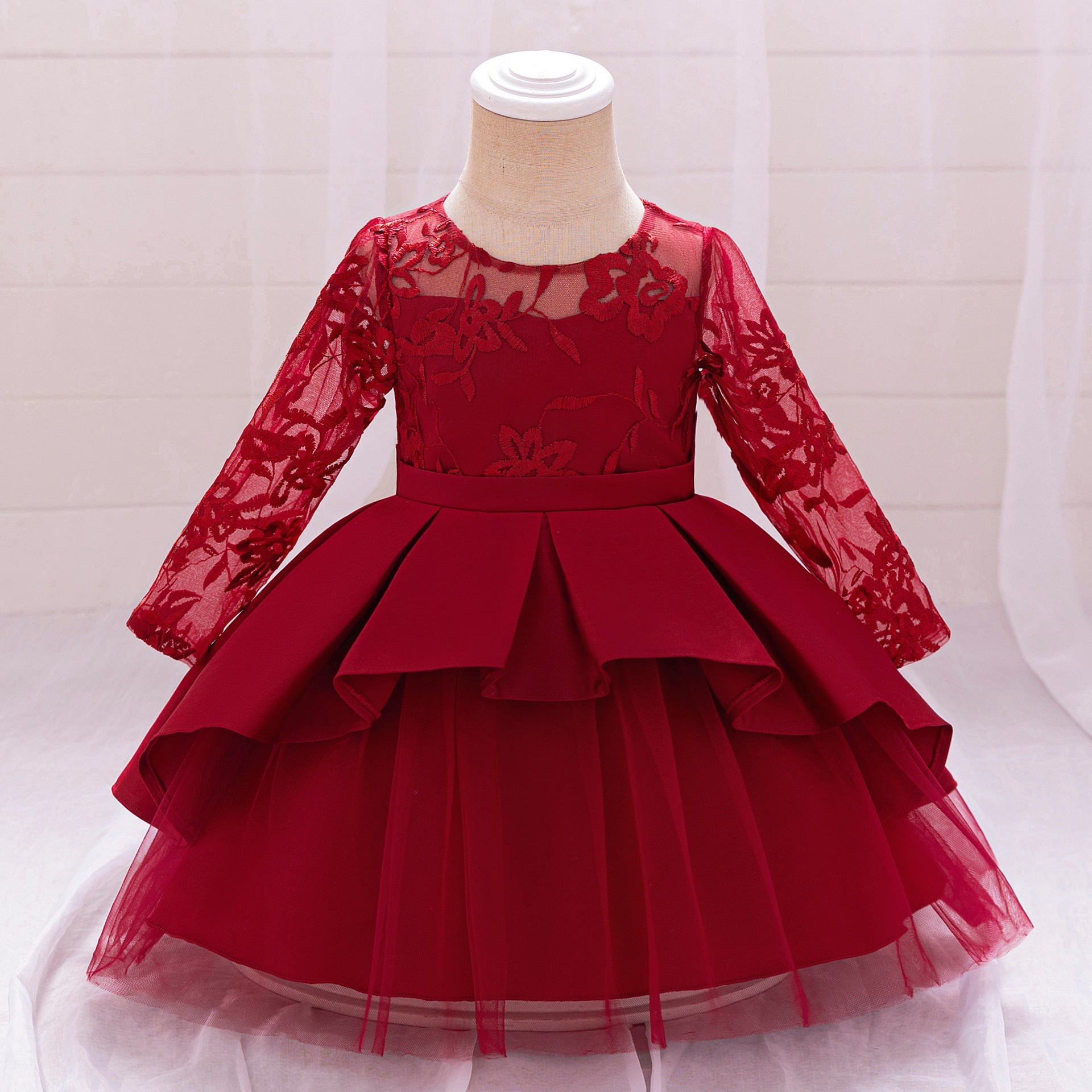 TEMU Amazon's new baby one-year-old dress long-sleeved hollowed-out embroidered satin cloth splicing mesh fluffy cake skirt