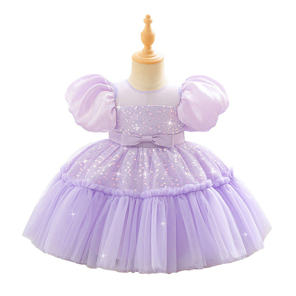 Amazon little girl wedding dress flower girl dress children's bubble sleeve sequins high-end princess dress host performance dress