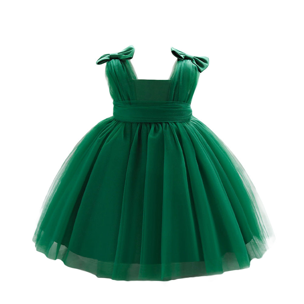 Amazon's new baby dress sleeveless bow waist pleated mesh skirt wedding flower girl skirt