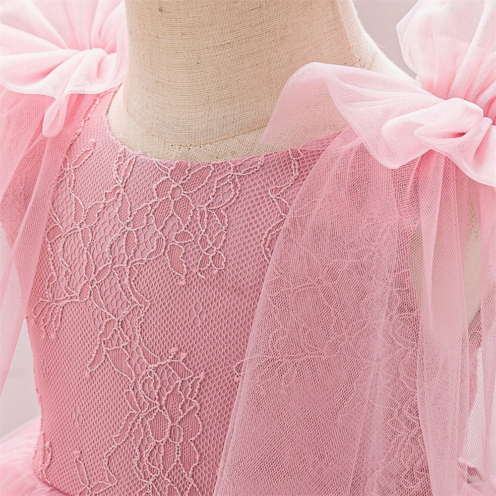 Girls Dress Dress Evening Dress Trailing Dress Children's Year Old Mesh Sleeve Princess Dress Fluffy Cake Dress