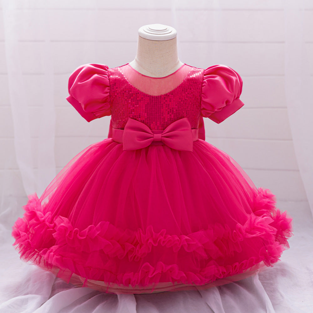 AliExpress Infant Dress Baby's First Birthday Banquet Dress Bubble Sleeve Bow Dress