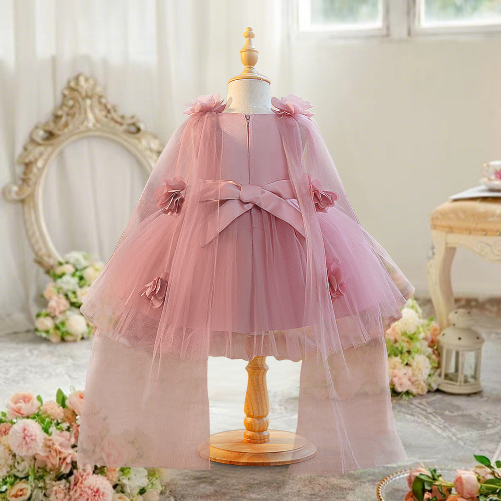 Amazon Cross-Border Girls Dress Beaded Embroidery Mesh Dress Applique Shawl Dress Wedding Flower Girl Princess Dress