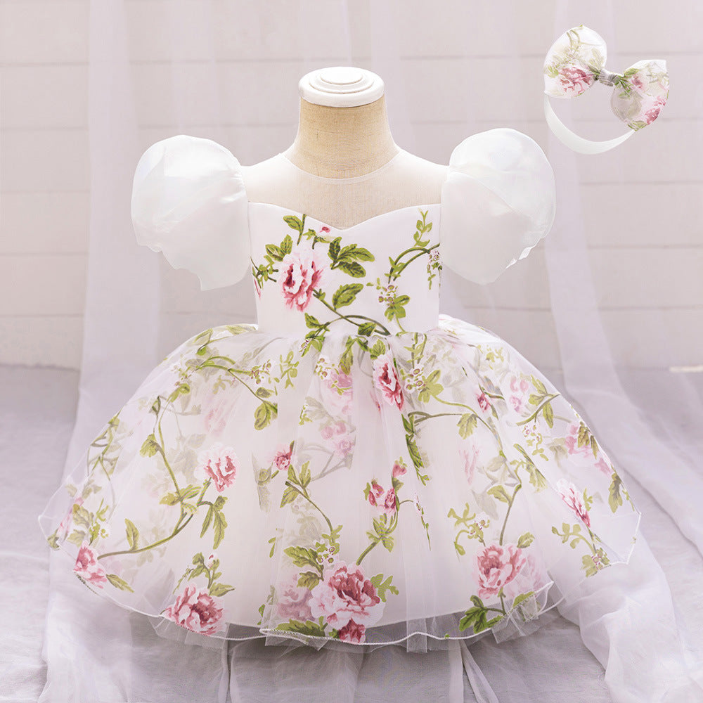 Cross-border new girls' princess dress mesh girls' dress birthday one-year-old dress flower girl gift skirt printing with hair accessories