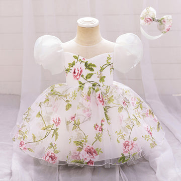 Cross-border new girls' princess dress mesh girls' dress birthday one-year-old dress flower girl gift skirt printing with hair accessories