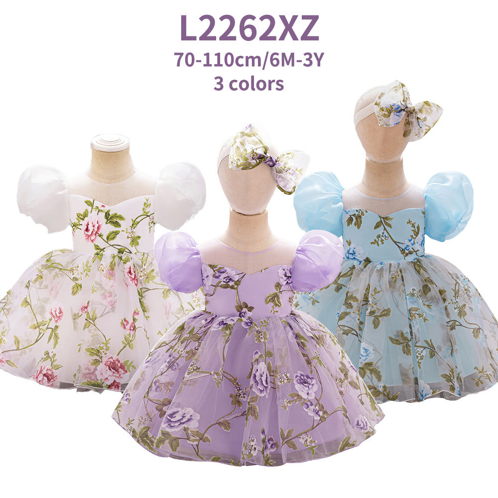Cross-border new girls' princess dress mesh girls' dress birthday one-year-old dress flower girl gift skirt printing with hair accessories