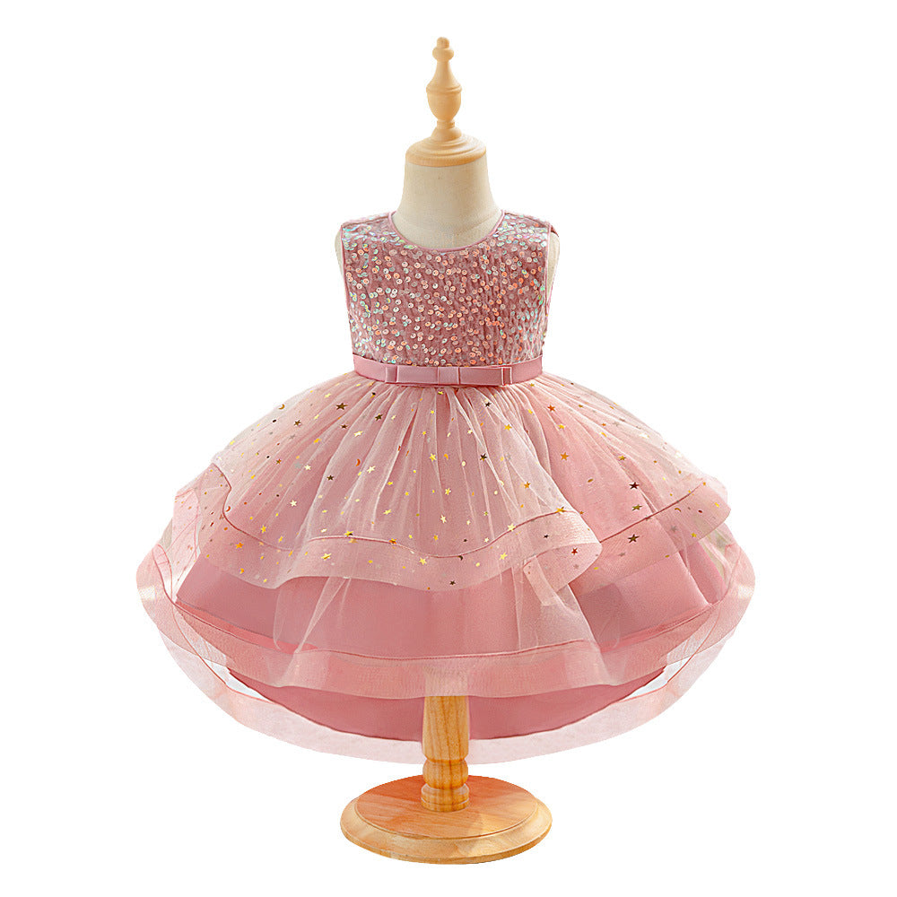 Cross-border new girls' dress princess dress European and American sequined flower girl fluffy trailing skirt children's catwalk performance dress