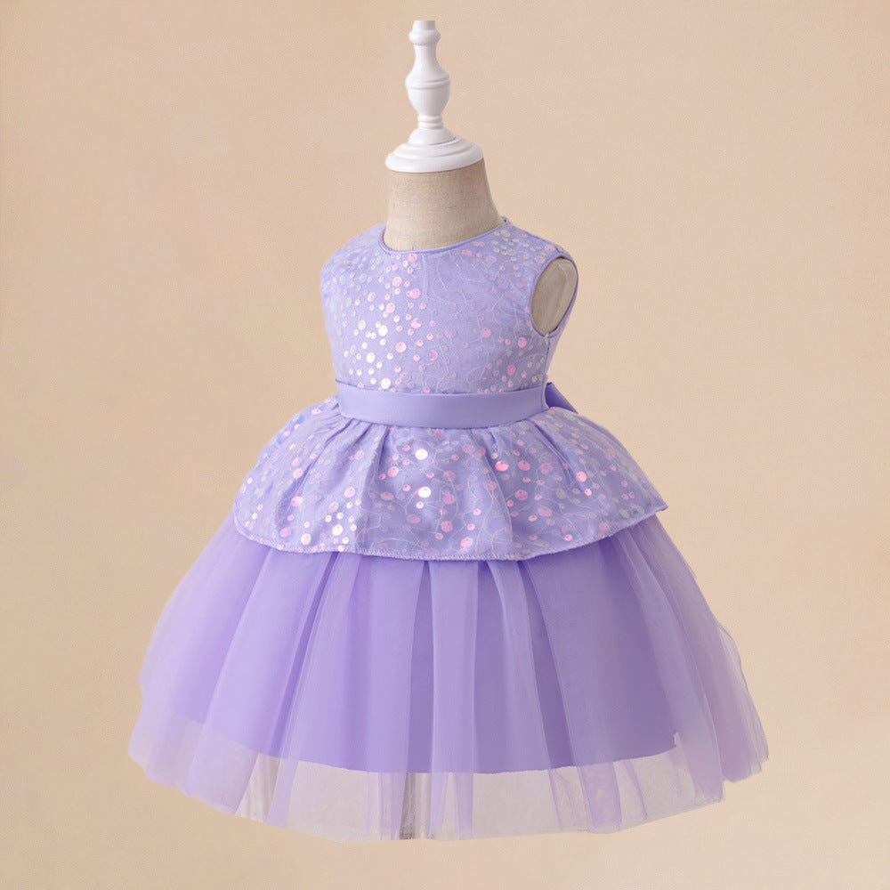 Amazon's new children's dress sleeveless bead splicing mesh tutu skirt baby one-year-old wedding flower girl dress
