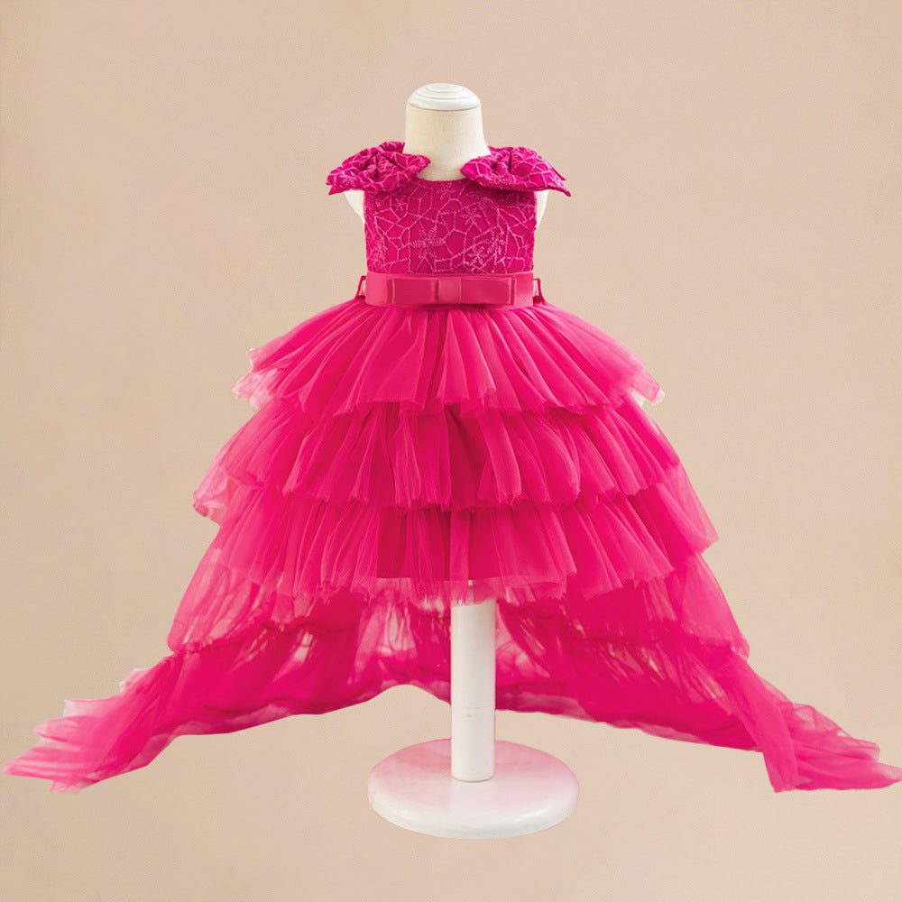 European and American medium and small children's dresses, princess dresses, rose red embroidered mesh yarn, fluffy cake dresses, tail removable two dresses