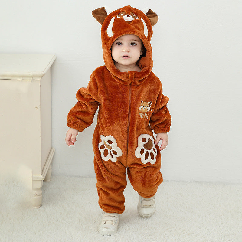 Qile Rabbit autumn new baby comfortable flannel single-layer animal red panda shape one-piece Romper