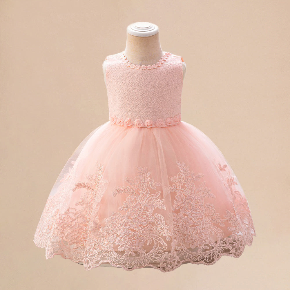 Amazon's new infant and toddler baby first birthday party will wash the dress, embroidery waist three-dimensional flower children's dress