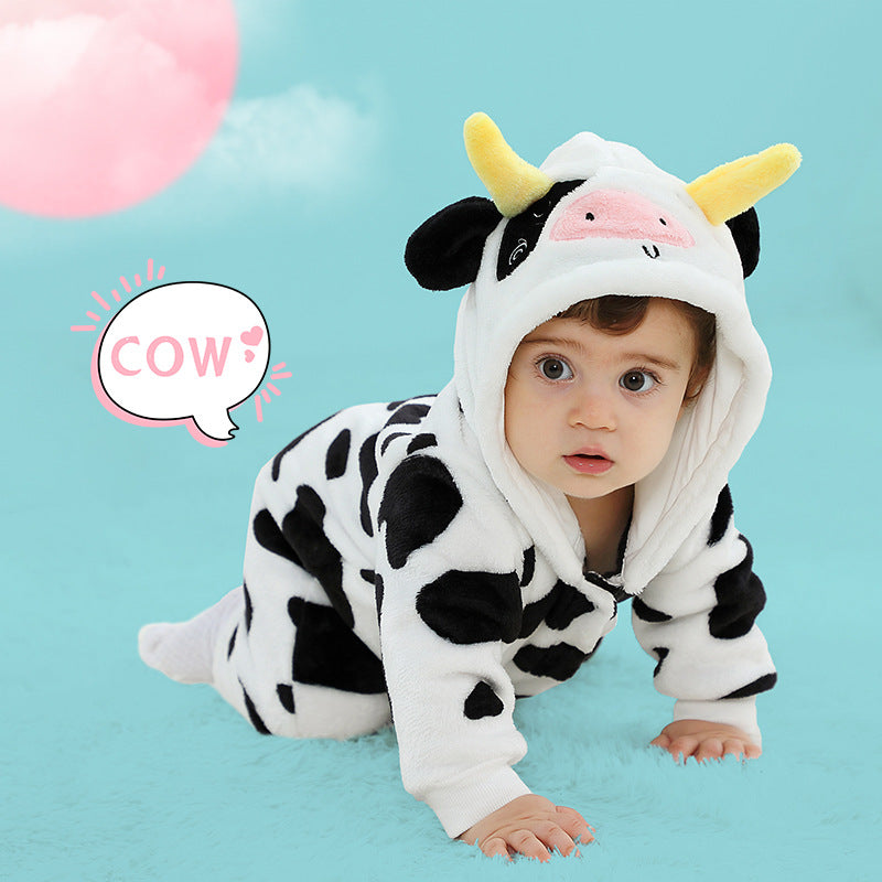 Qile Rabbit's autumn new product cute cow-shaped onesie 0-3 years old infant and toddler hooded single-layer Romper