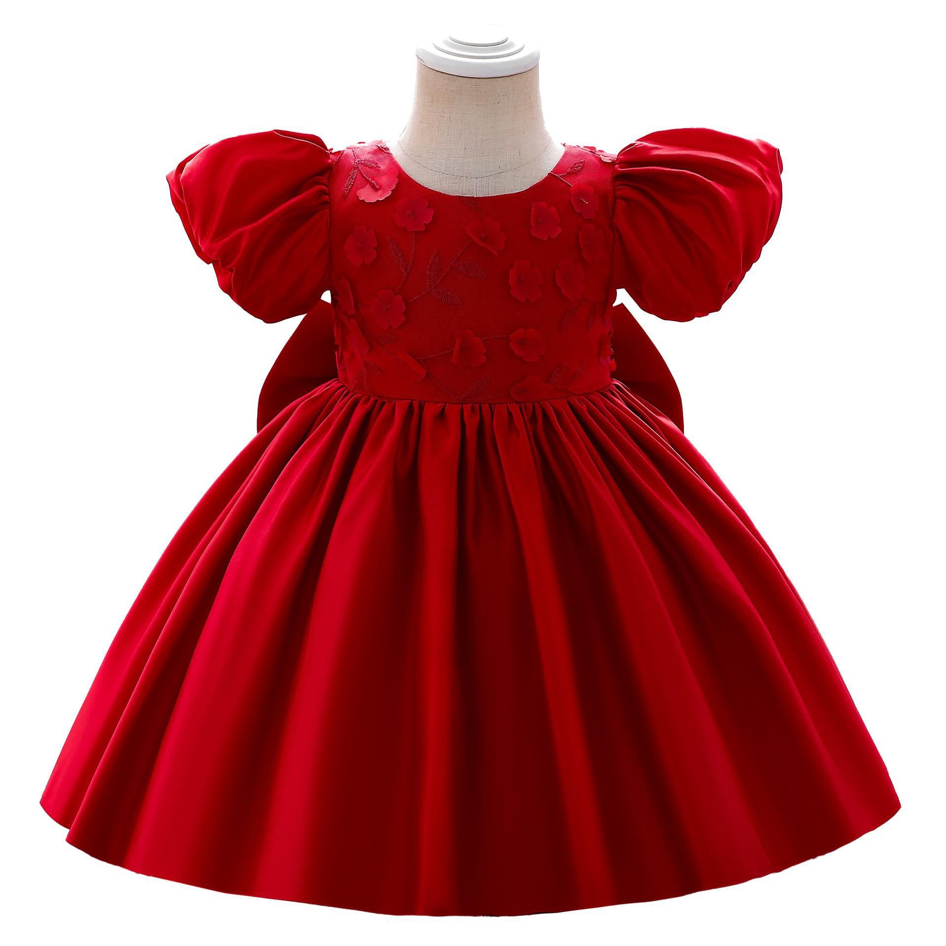 European and American cross-border big bow girl birthday party evening dress, children's bubble sleeve full moon first-year dress