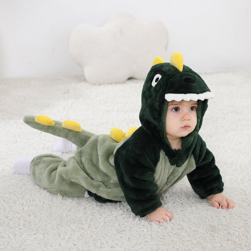 Qile Rabbit Spring and Autumn New Infant and Toddler Baby onesie Cute style contrasting color pocket dinosaur single-layer styling clothes