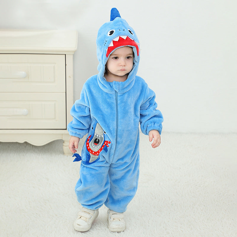Autumn new 0-3 year old baby comfortable flannel animal shape onesie shark shape onesie