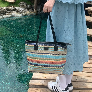 Summer Color Large Capacity Commuter Woven Bag Vacation Beach Bag Ladies Tote Bag Versatile Rainbow Shoulder Bag