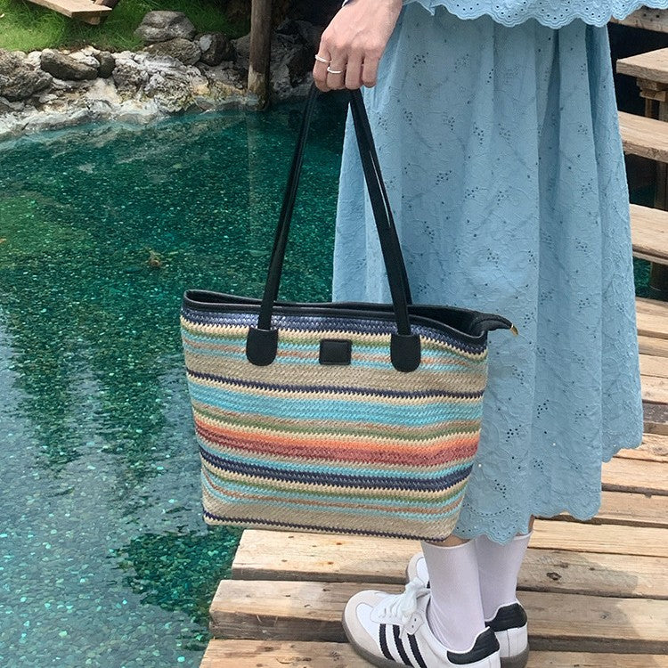 Summer Color Large Capacity Commuter Woven Bag Vacation Beach Bag Ladies Tote Bag Versatile Rainbow Shoulder Bag