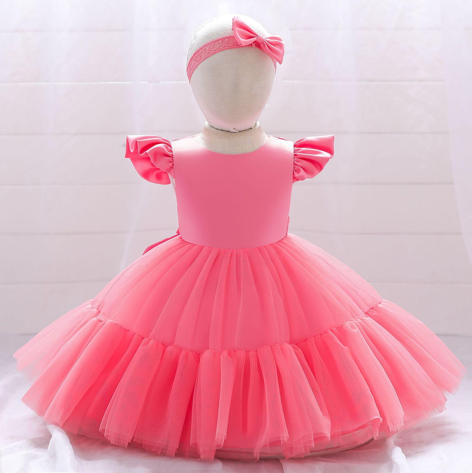 AliExpress Europe and the United States Foreign Trade Children's Dress Princess Dress Flying Sleeve Mesh Bow Wedding Dress Flower Girl Fluffy Dress