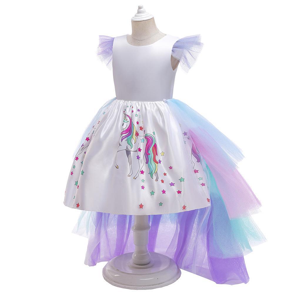 Children's Dress Little Girl Walk Show Dress Rainbow Unicorn Trailing Mesh Dress Halloween Girl Dress