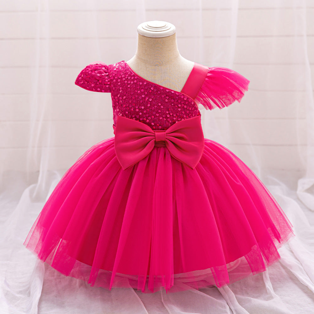 Europe and the United States ebay baby and child slash shoulder small flying sleeve sequined mesh fluffy princess skirt hemming comfortable breathable skirt