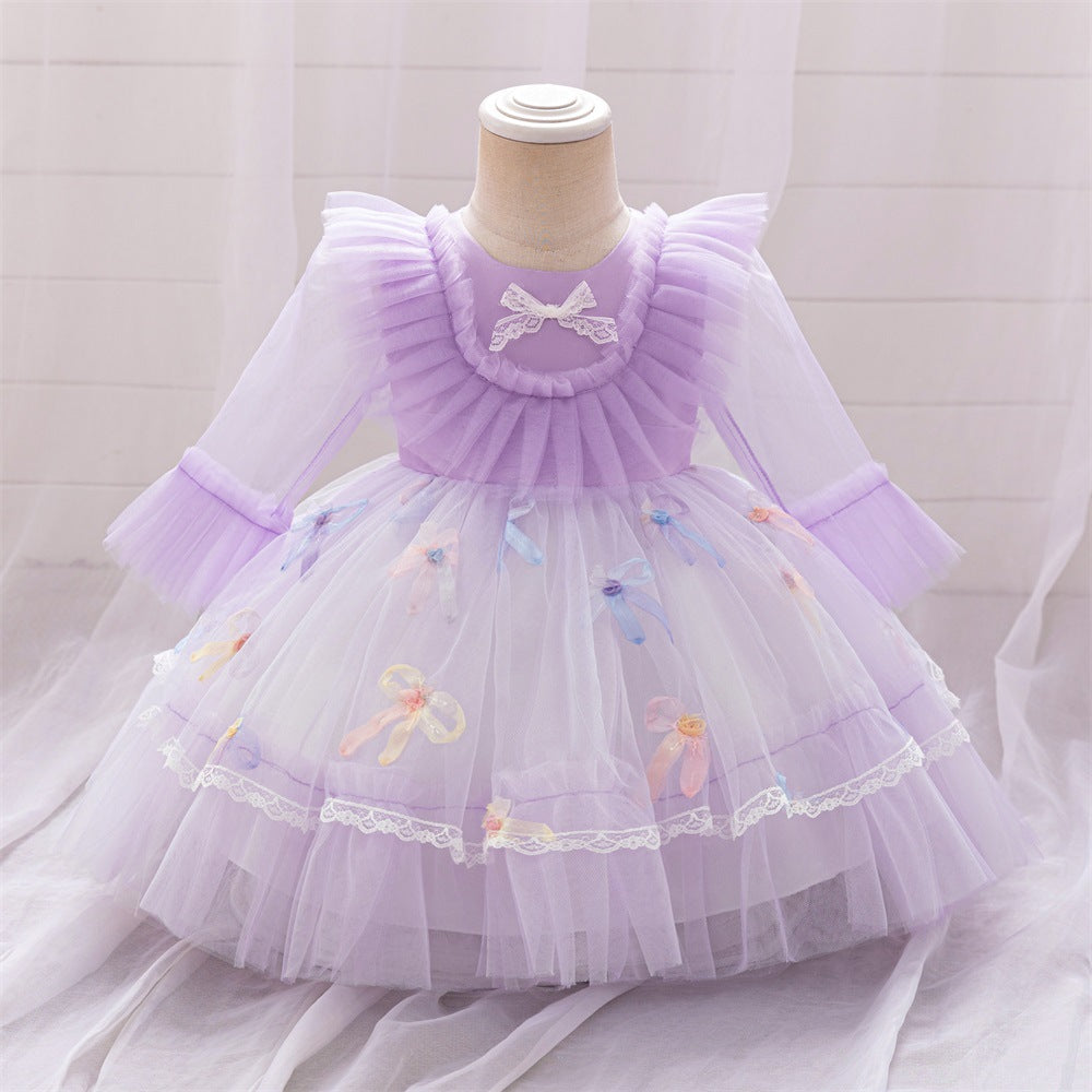 Cross-border new girls' princess dress long-sleeved bow pleated skirt one-year-old flower girl dress lace lace dress