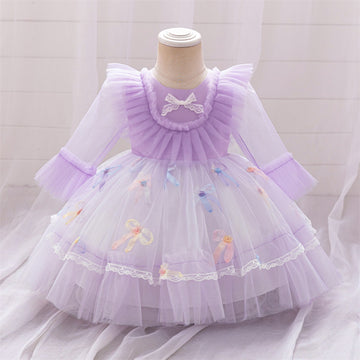 Cross-border new girls' princess dress long-sleeved bow pleated skirt one-year-old flower girl dress lace lace dress