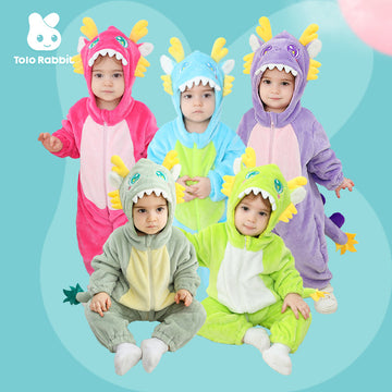 Qile Rabbit autumn new baby single-layer flannel cartoon dinosaur shape hooded one-piece Romper