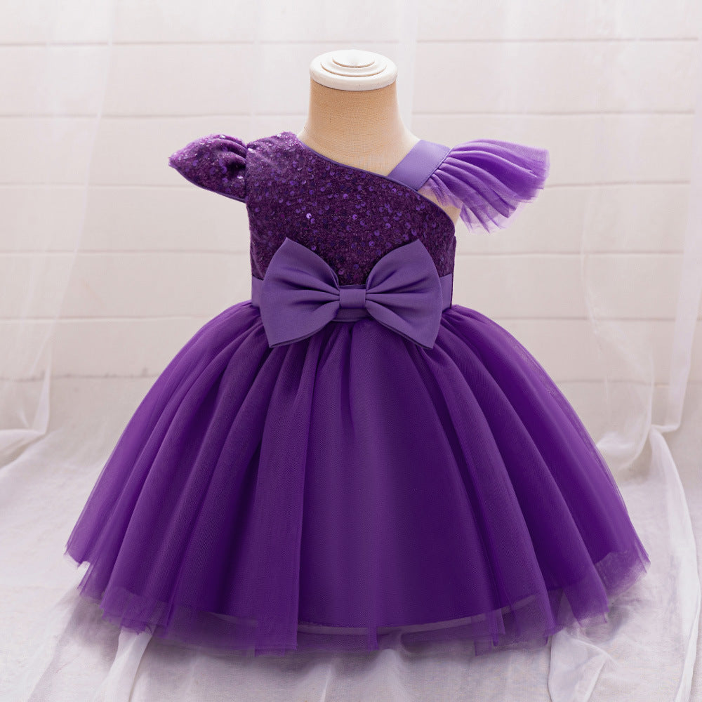 Europe and the United States ebay baby and child slash shoulder small flying sleeve sequined mesh fluffy princess skirt hemming comfortable breathable skirt