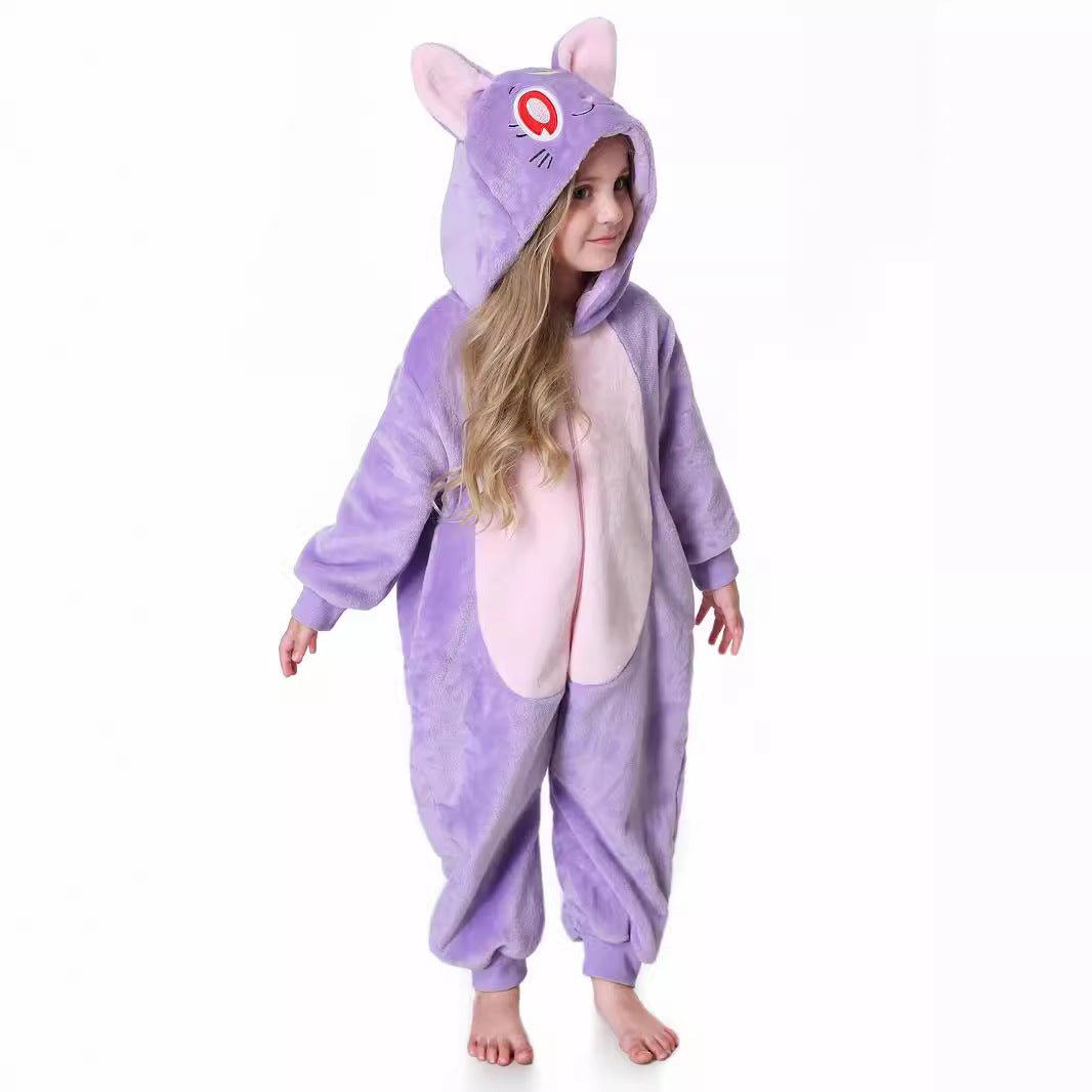 Autumn new children's cartoon styling clothes flannel single-layer elf cat hooded onesie