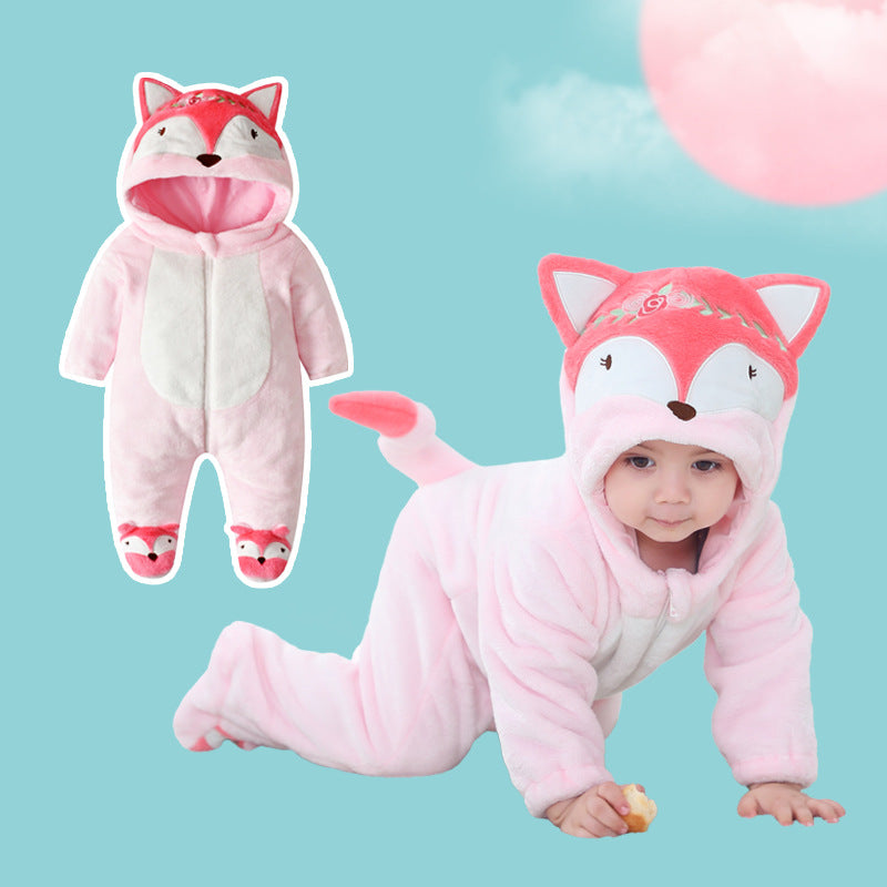Qile Rabbit autumn new comfortable and casual cute flannel baby climbing clothes fox pattern going out clothes 0-3 years old