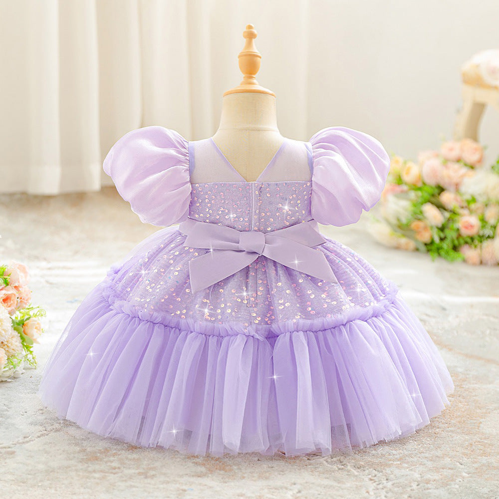 Amazon little girl wedding dress flower girl dress children's bubble sleeve sequins high-end princess dress host performance dress