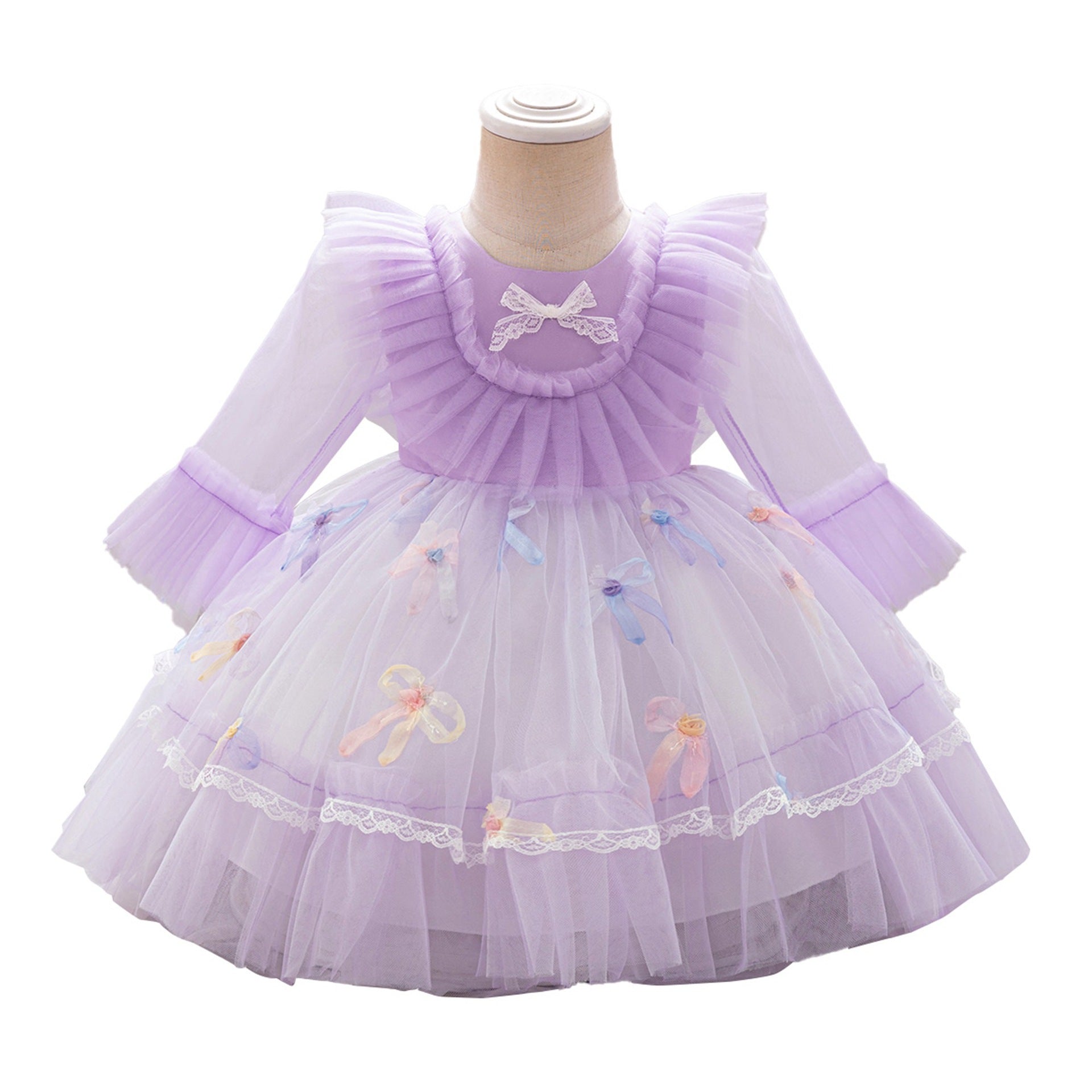 Cross-border new girls' princess dress long-sleeved bow pleated skirt one-year-old flower girl dress lace lace dress