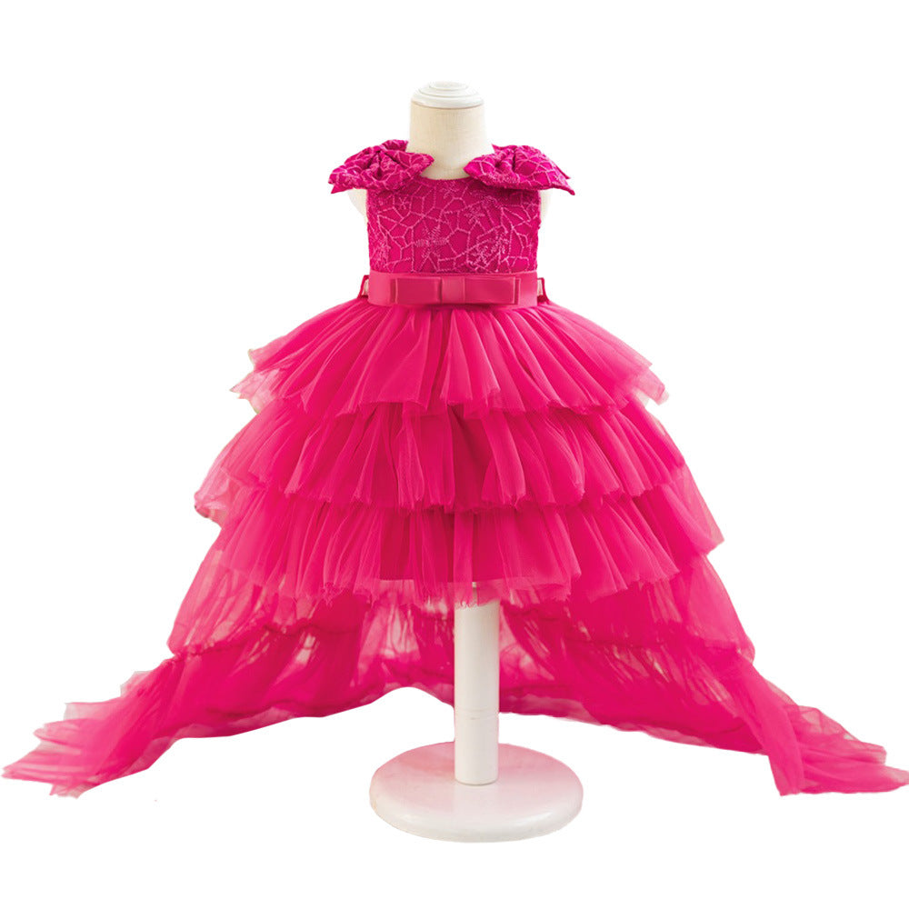 European and American medium and small children's dresses, princess dresses, rose red embroidered mesh yarn, fluffy cake dresses, tail removable two dresses