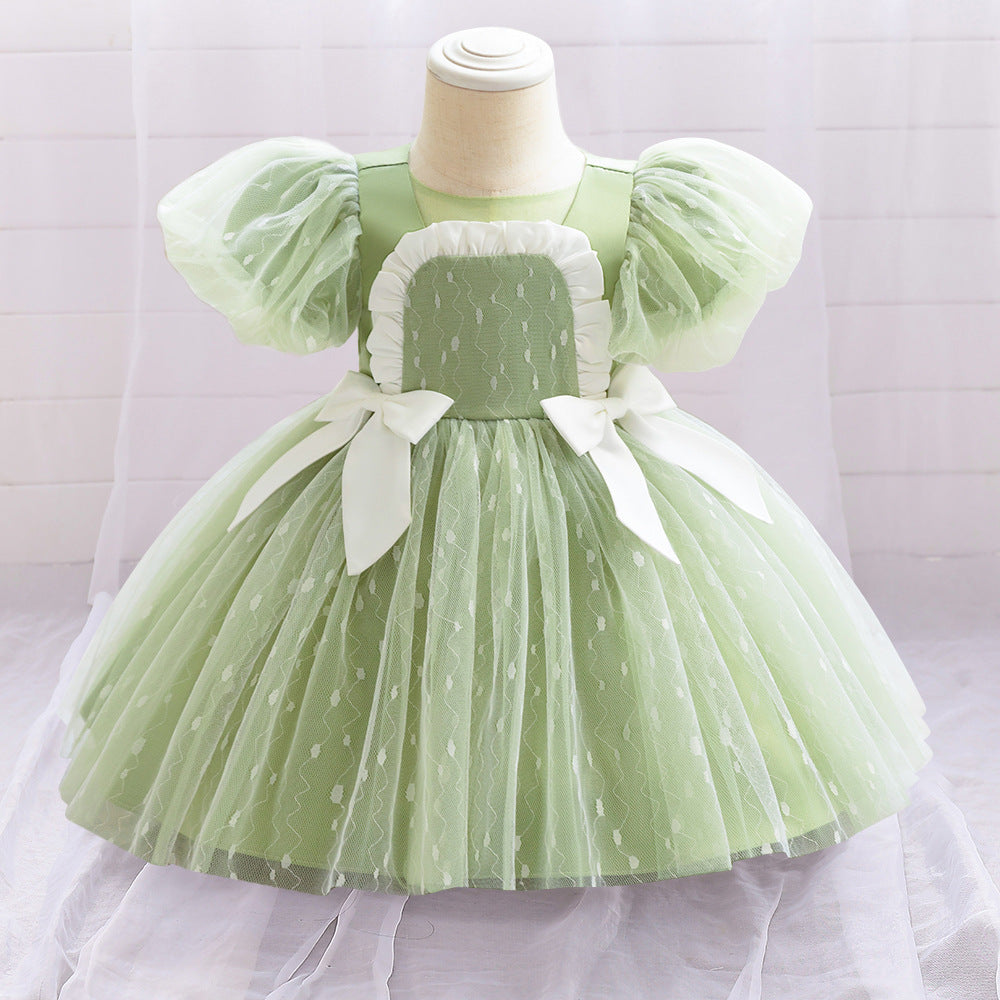 ins style new children's dress bubble sleeve mesh princess dress one-year-old baby dress bow mesh skirt