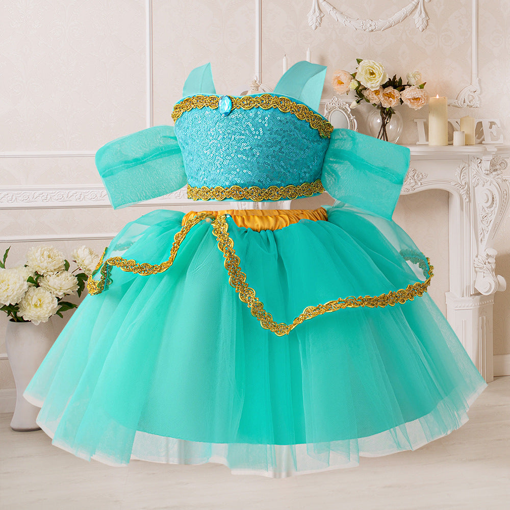 Cross-border AliExpress new Jasmine princess cosplay girls' dress, baby and children's sequined two-piece dress