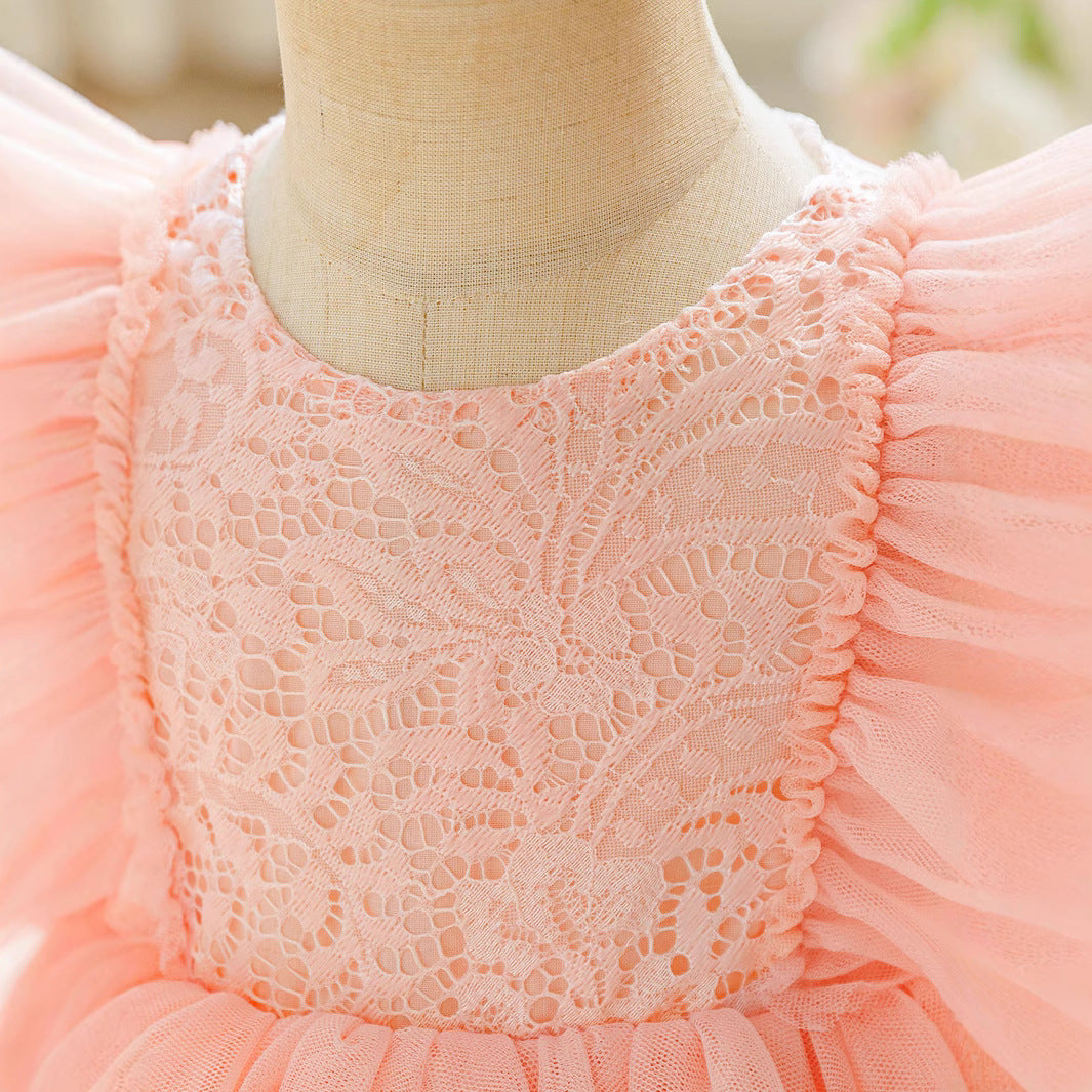 Girls baby puffy dress dress embroidered lace first birthday children's dress multi mesh cake princess dress