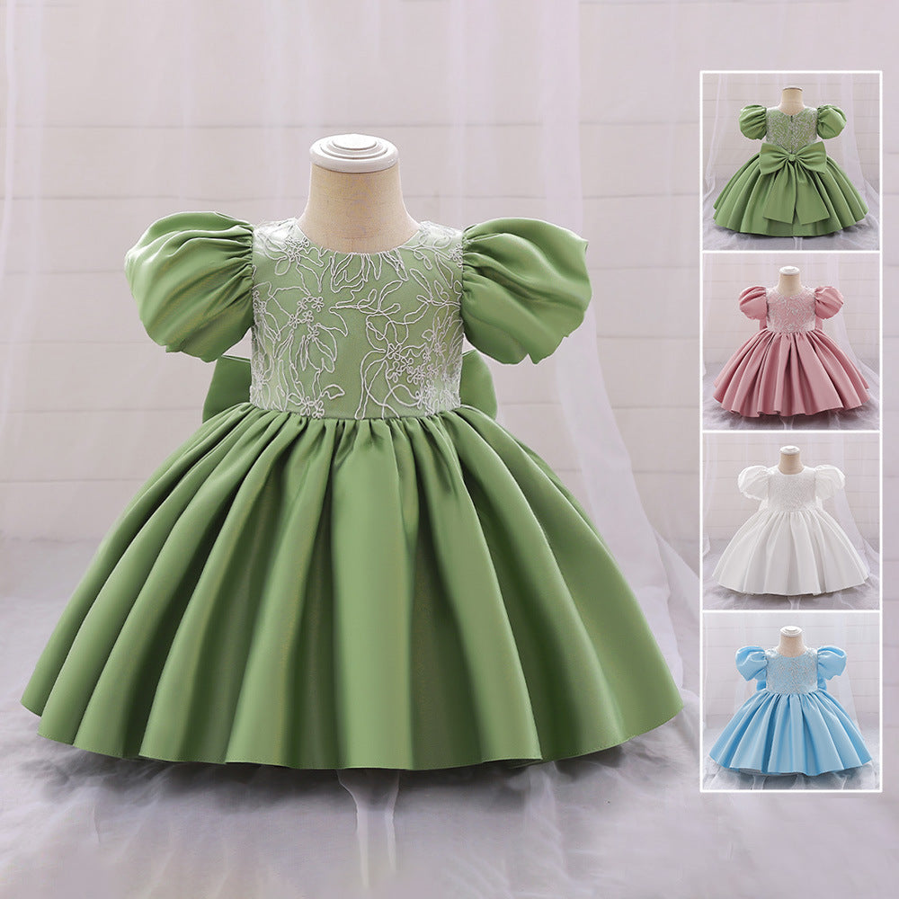 Foreign trade summer girls princess dress embroidered satin bubble sleeves baby dress back snap button bow flower girl