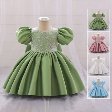Foreign trade summer girls princess dress embroidered satin bubble sleeves baby dress back snap button bow flower girl