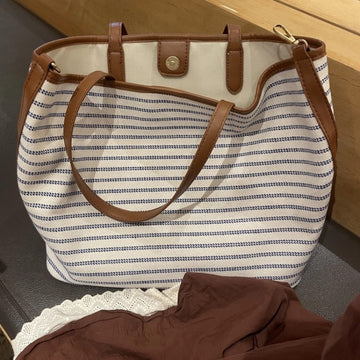 2025 new Korean niche fashion commuter versatile canvas bag, high-end lazy large-capacity striped tote bag